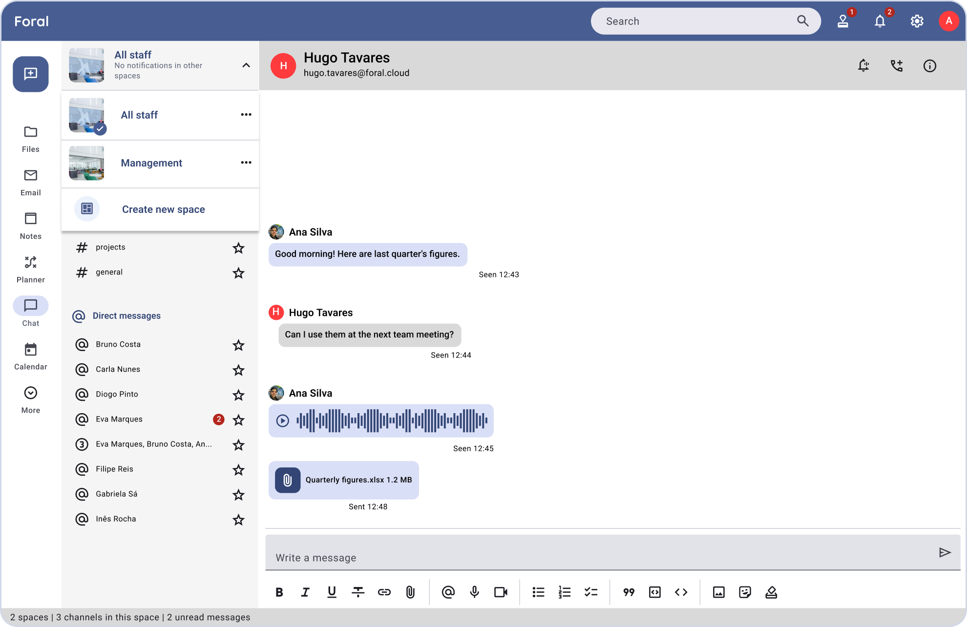 The Foral Chat screen, with team spaces, channels and a conversation with messages, audio and attachments