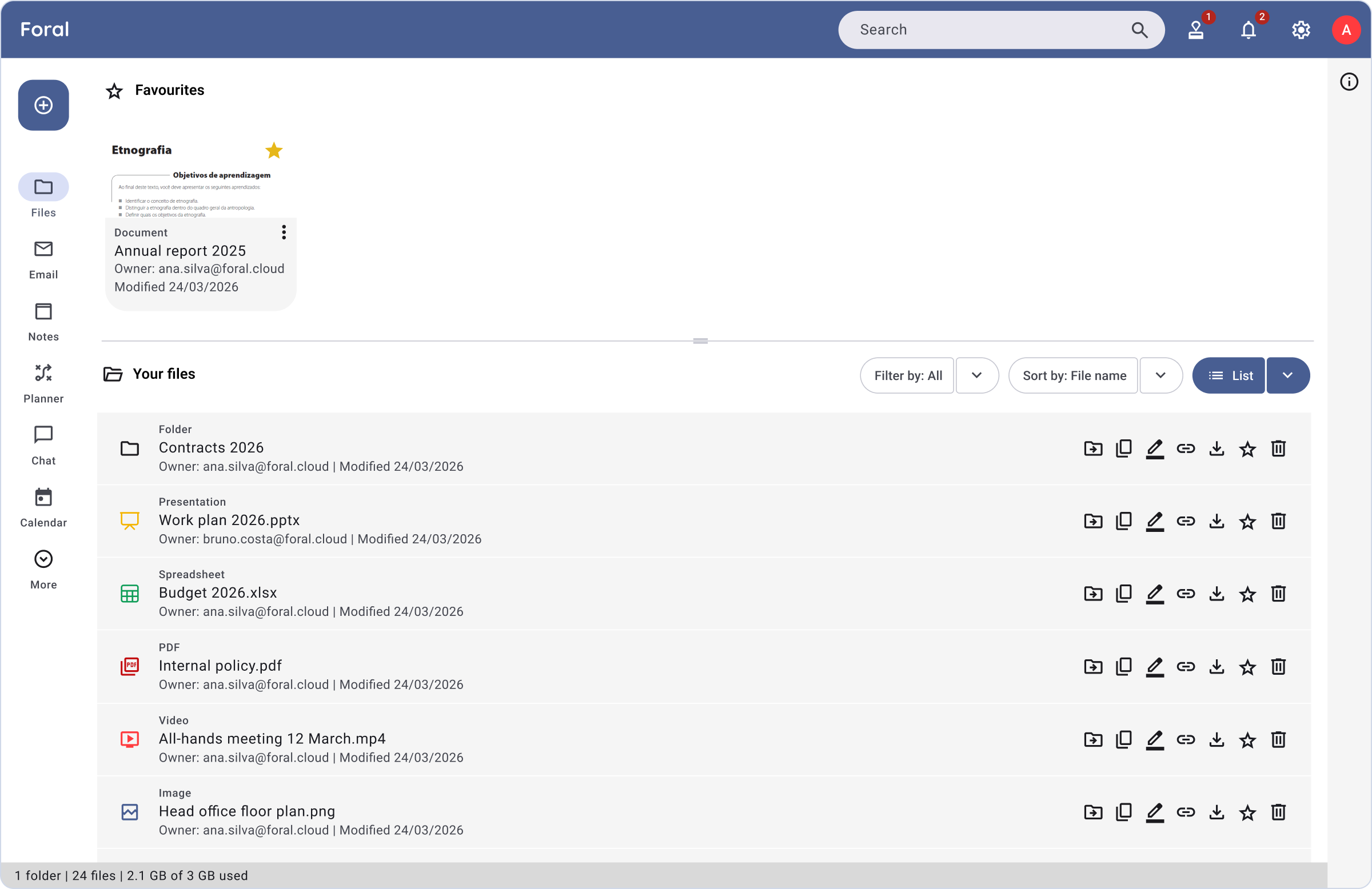 The Foral Drive screen, with favourite files and the team's file list