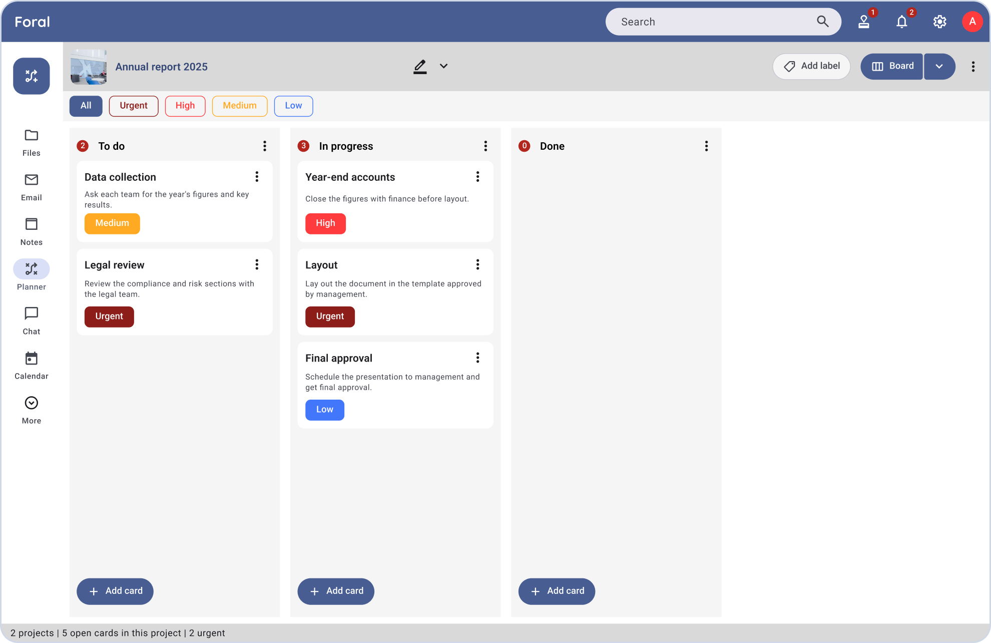 The Foral Planner screen, with a board of tasks to do, in progress and done